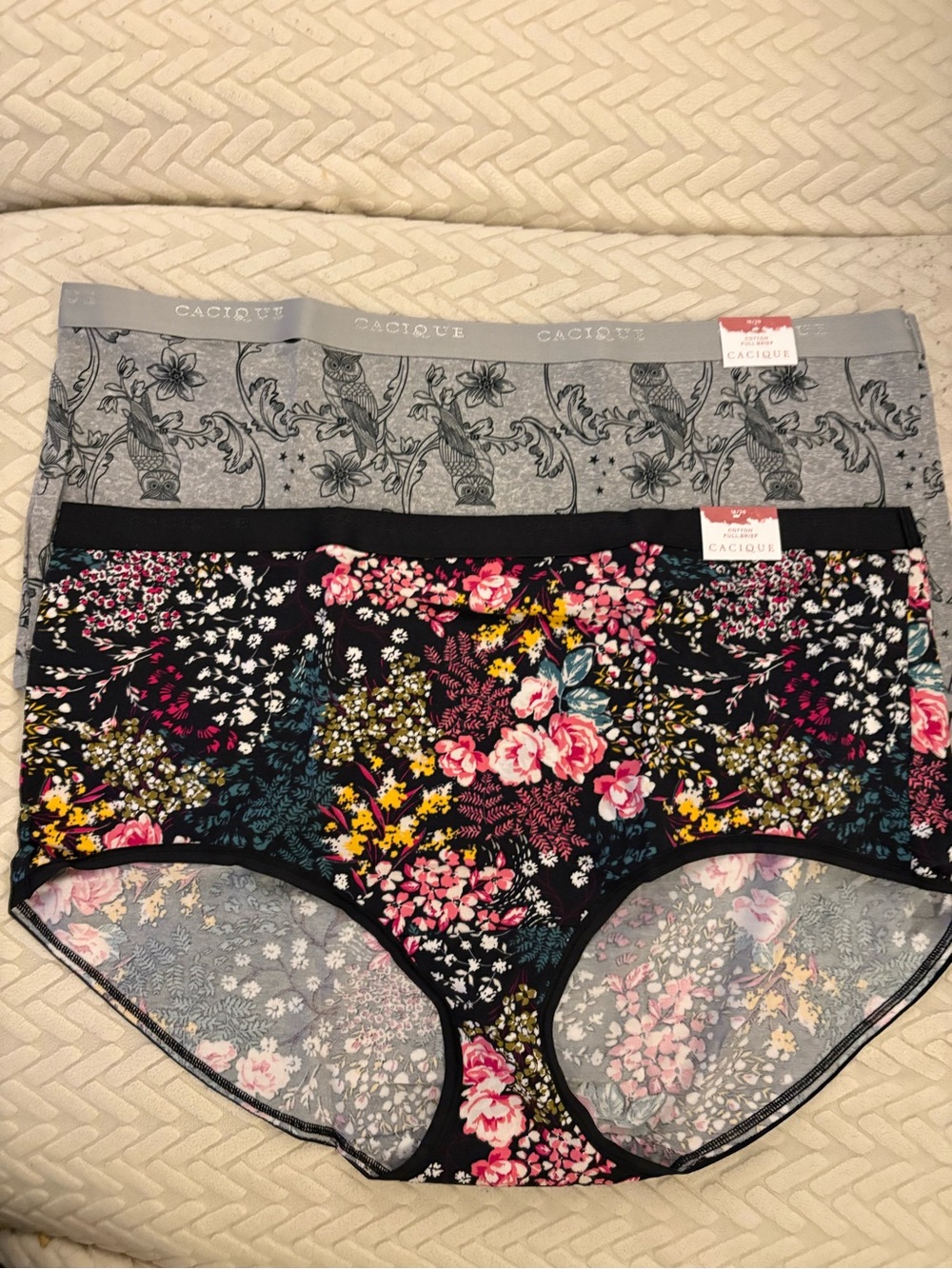Cacique Black Floral & Gray Owl Print 2-Pack Full Cut Panty Brief (2X) New
